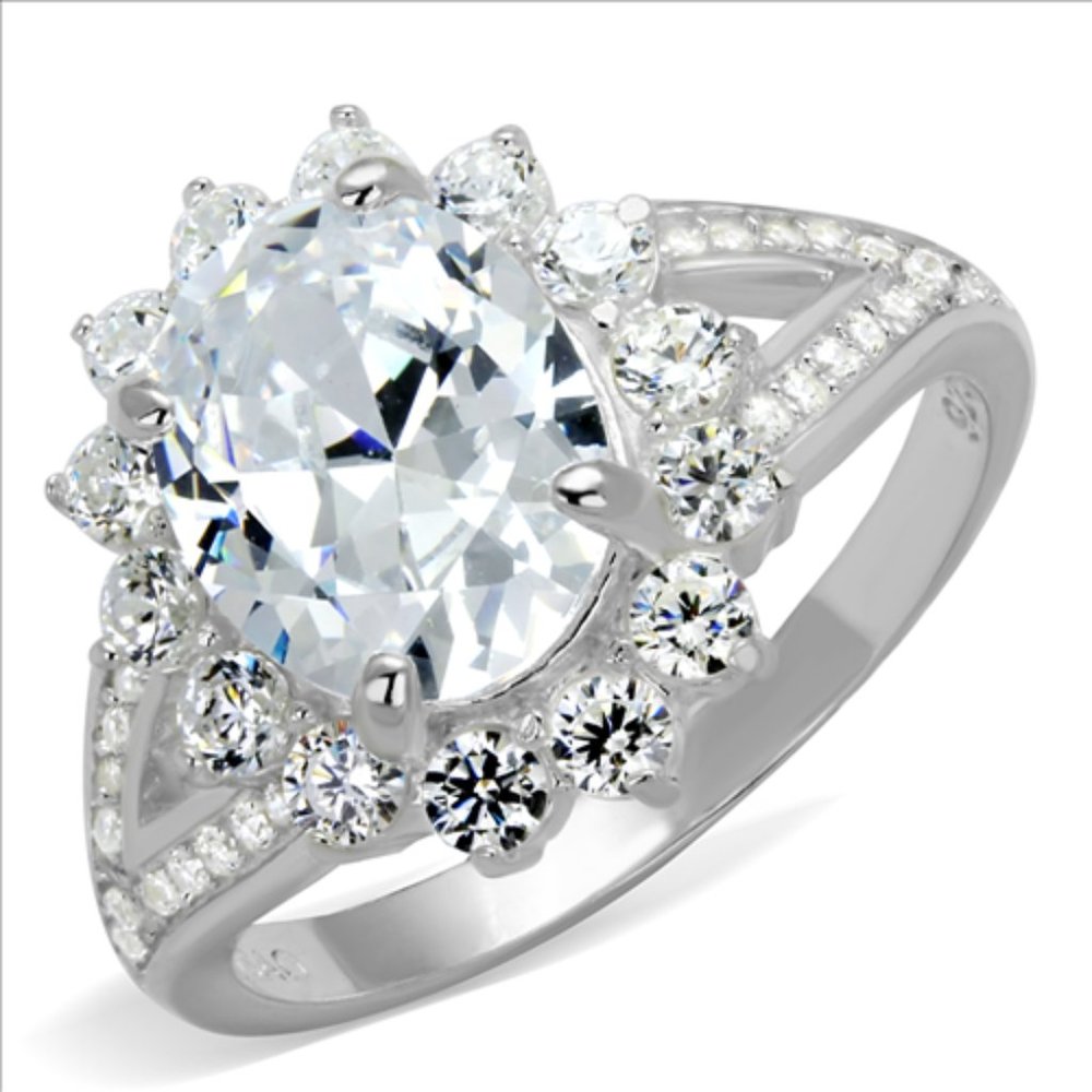Oval CZ Halo Split Shank Ring 925 Sterling Silver